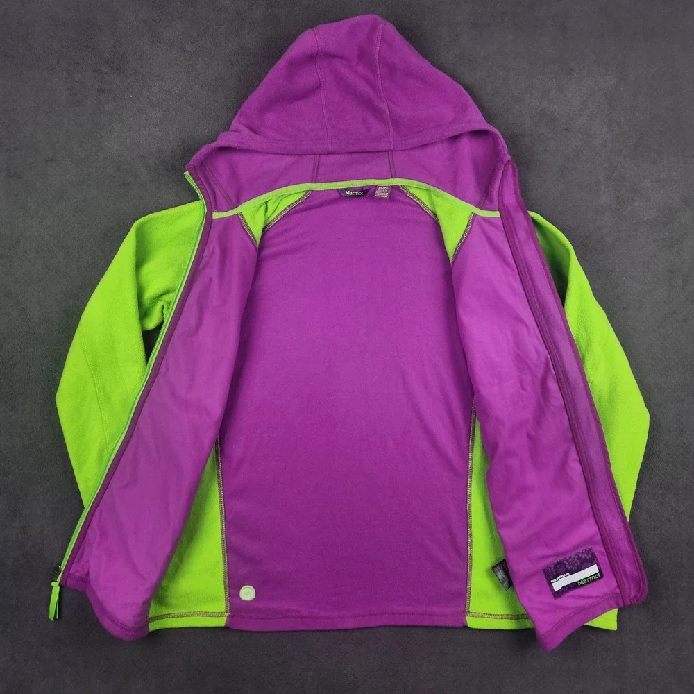 Marmot Power Stretch Hoodie Girls XL‎ Purple Lime Green Colorblock Full Zip